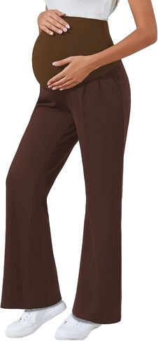 Ecavus Women's Wide Leg Maternity Pants with Pockets - Stretchy Over The Belly Pregnancy Casual and Work Trousers in Saudi Arabia