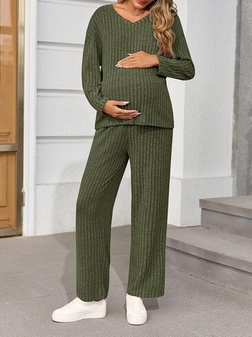 Yousify Womens Maternity Pajamas Sets 2 Piece Outfits Ribbed V Neck Long Sleeve Knit Tops Pants Pregnancy Loungewear in Saudi Arabia