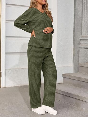 Yousify Womens Maternity Pajamas Sets 2 Piece Outfits Ribbed V Neck Long Sleeve Knit Tops Pants Pregnancy Loungewear in Saudi Arabia