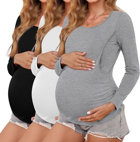 Ficerd 3 قطع من قمصان الحمل النسائية للرضاعة الطبيعية وأكمام طويلة وطبقة مزدوجة من ملابس الحمل in Kuwait