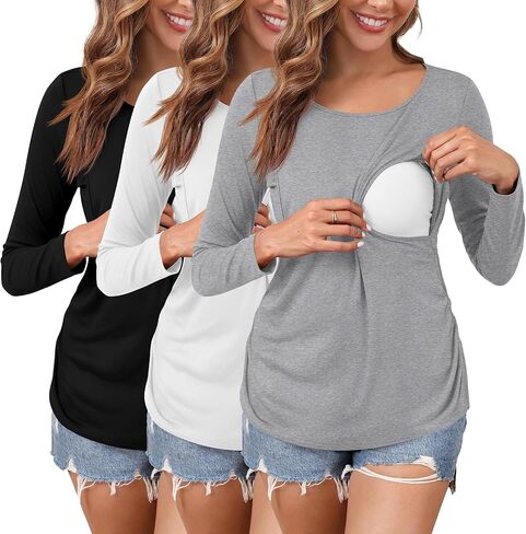 Ficerd 3 قطع من قمصان الحمل النسائية للرضاعة الطبيعية وأكمام طويلة وطبقة مزدوجة من ملابس الحمل in Kuwait