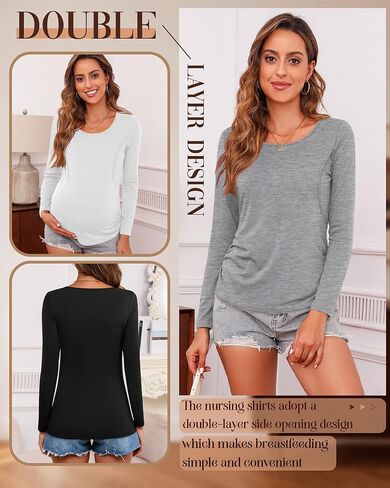 Ficerd 3 قطع من قمصان الحمل النسائية للرضاعة الطبيعية وأكمام طويلة وطبقة مزدوجة من ملابس الحمل in Kuwait