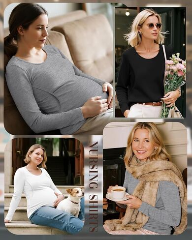 Ficerd 3 قطع من قمصان الحمل النسائية للرضاعة الطبيعية وأكمام طويلة وطبقة مزدوجة من ملابس الحمل in Kuwait