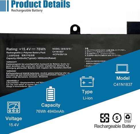 بطارية الكمبيوتر المحمول VANPIR C41N1837 15.4V 76Wh 4940mAh بديلة لـ Asus ROG Zephyrus GA502DU GA502GU GU502DU GU502GU GU502GV GU532GU GU532GV GX502GV GX502GW GX532GV GX532GW Series 0B200-0338 0100 in Kuwait