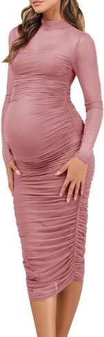 Dedysler Maternity Mesh Bodycon Dress for Wedding Guest Sexy Mock Neck Baby Shower Long Sleeve Pregnancy Clothes with Zipper in Saudi Arabia