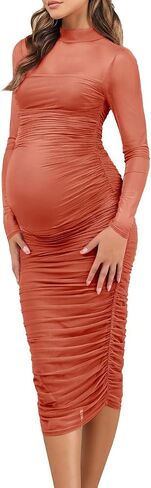 Dedysler Maternity Mesh Bodycon Dress for Wedding Guest Sexy Mock Neck Baby Shower Long Sleeve Pregnancy Clothes with Zipper in Saudi Arabia