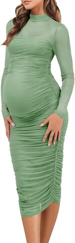 Dedysler Maternity Mesh Bodycon Dress for Wedding Guest Sexy Mock Neck Baby Shower Long Sleeve Pregnancy Clothes with Zipper in Saudi Arabia
