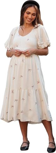 Pinkblush Ribbon Print Smocked Gaternity Midi Dress in Kuwait