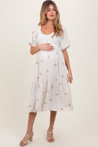 Pinkblush Ribbon Print Smocked Gaternity Midi Dress in Kuwait