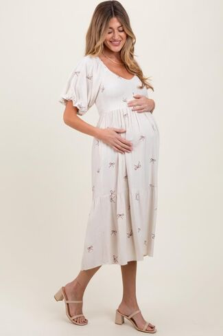 Pinkblush Ribbon Print Smocked Gaternity Midi Dress in Kuwait