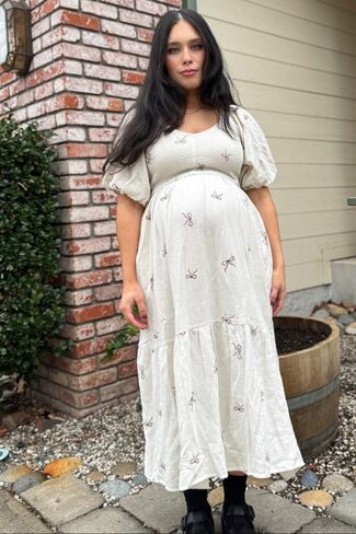 Pinkblush Ribbon Print Smocked Gaternity Midi Dress in Kuwait