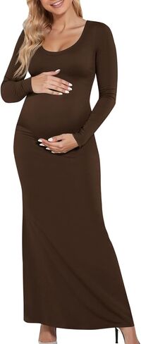 Yousify Womens Scoop Neck Maternity Maxi Dress Split Long Sleeve Slim Fit Split Casual Pregnancy Clothes for Baby Shower in Saudi Arabia