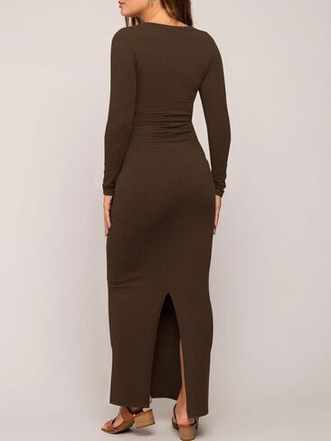 Yousify Womens Scoop Neck Maternity Maxi Dress Split Long Sleeve Slim Fit Split Casual Pregnancy Clothes for Baby Shower in Saudi Arabia