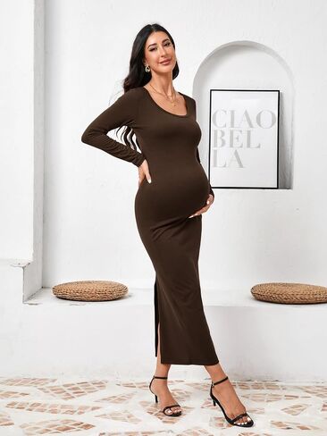Yousify Womens Scoop Neck Maternity Maxi Dress Split Long Sleeve Slim Fit Split Casual Pregnancy Clothes for Baby Shower in Saudi Arabia