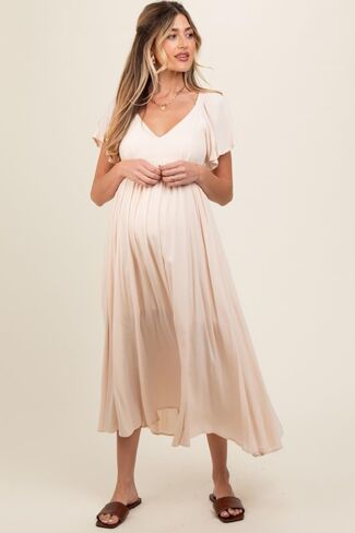 PinkBlush V-Neck Flutter Short Sleeve Maternity Midi Dress in Saudi Arabia