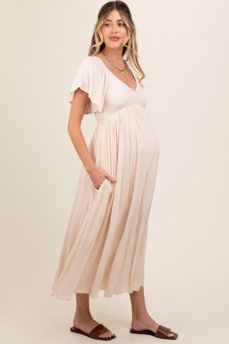 PinkBlush V-Neck Flutter Short Sleeve Maternity Midi Dress in Saudi Arabia