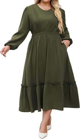 Hanna Nikole Women Plus Size Long Sleeve Dressal Dress 2025 Fall V Neck Plateed Flowy Flowy Tiered Maxi مع جيوب in Saudi Arabia