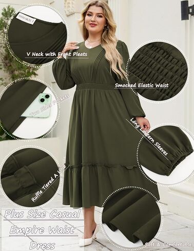 Hanna Nikole Women Plus Size Long Sleeve Dressal Dress 2025 Fall V Neck Plateed Flowy Flowy Tiered Maxi مع جيوب in Saudi Arabia
