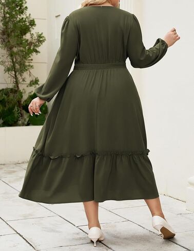 Hanna Nikole Women Plus Size Long Sleeve Dressal Dress 2025 Fall V Neck Plateed Flowy Flowy Tiered Maxi مع جيوب in Saudi Arabia