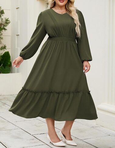 Hanna Nikole Women Plus Size Long Sleeve Dressal Dress 2025 Fall V Neck Plateed Flowy Flowy Tiered Maxi مع جيوب in Saudi Arabia