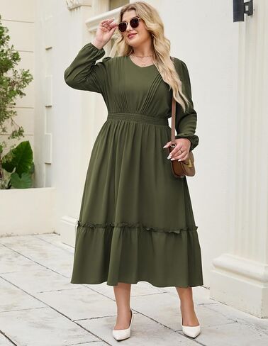Hanna Nikole Women Plus Size Long Sleeve Dressal Dress 2025 Fall V Neck Plateed Flowy Flowy Tiered Maxi مع جيوب in Saudi Arabia