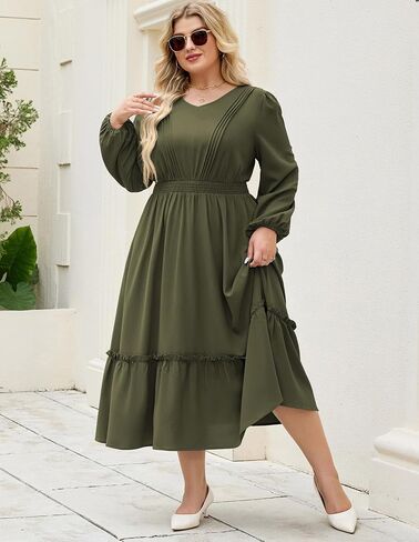 Hanna Nikole Women Plus Size Long Sleeve Dressal Dress 2025 Fall V Neck Plateed Flowy Flowy Tiered Maxi مع جيوب in Saudi Arabia