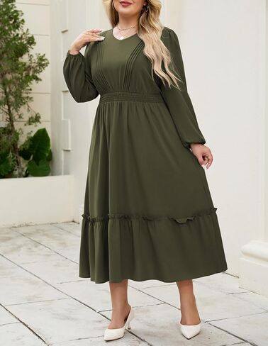 Hanna Nikole Women Plus Size Long Sleeve Dressal Dress 2025 Fall V Neck Plateed Flowy Flowy Tiered Maxi مع جيوب in Saudi Arabia