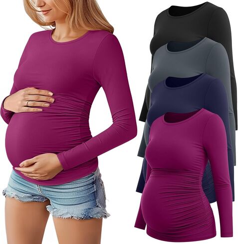 Huukaey 4 Pack Tomernity Thirts Thirts ، Side Side Longed Ruched Ruched Top Crew Neck Bodycon Dirtts Discal Mama in Saudi Arabia