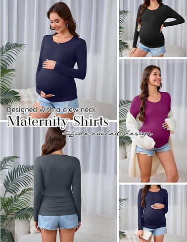 Huukaey 4 Pack Tomernity Thirts Thirts ، Side Side Longed Ruched Ruched Top Crew Neck Bodycon Dirtts Discal Mama in Saudi Arabia