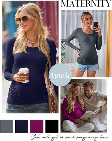 Huukaey 4 Pack Tomernity Thirts Thirts ، Side Side Longed Ruched Ruched Top Crew Neck Bodycon Dirtts Discal Mama in Saudi Arabia