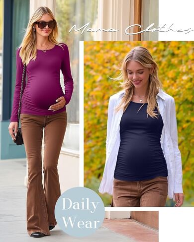 Huukaey 4 Pack Tomernity Thirts Thirts ، Side Side Longed Ruched Ruched Top Crew Neck Bodycon Dirtts Discal Mama in Saudi Arabia