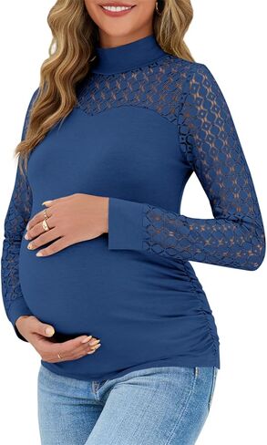 Yousify Womens Lace Long Sleeve قمصان الأمومة التي تسخر من الرقبة النحيفة تناسب قمم توصل in Saudi Arabia
