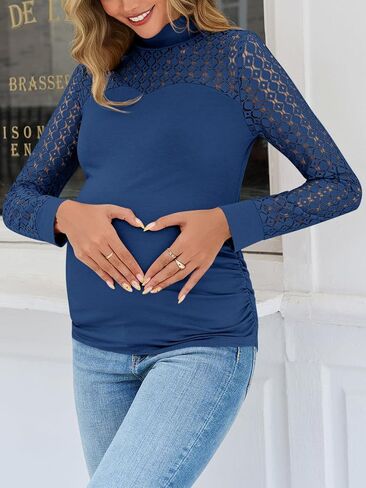 Yousify Womens Lace Long Sleeve قمصان الأمومة التي تسخر من الرقبة النحيفة تناسب قمم توصل in Saudi Arabia