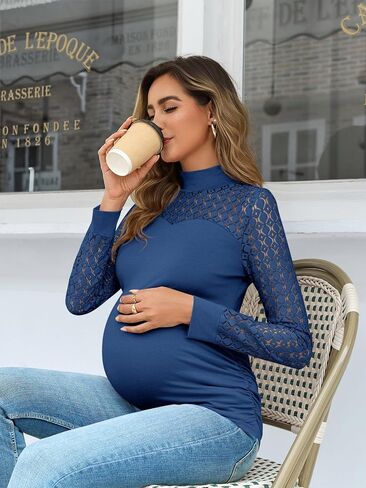 Yousify Womens Lace Long Sleeve قمصان الأمومة التي تسخر من الرقبة النحيفة تناسب قمم توصل in Saudi Arabia