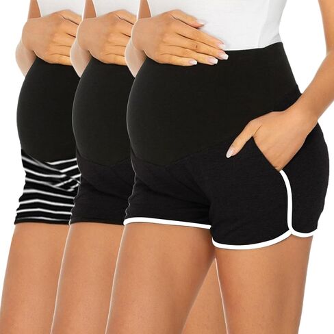 Ecavus 3 Pack شورتات الأمومة للسيدات تمرين صالة رياضية على شورتات حمل البطن للنساء مع جيوب in Kuwait