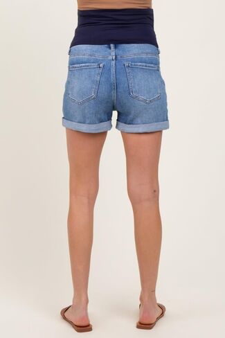 PinkBlush Navy Distressed Rolled Cuff Maternity Jean Shorts in Saudi Arabia