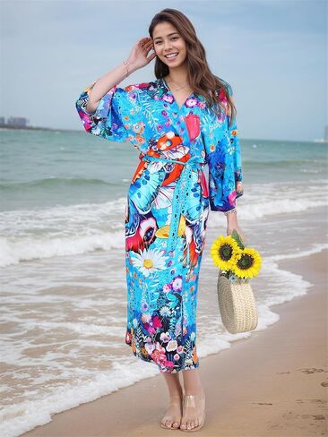 تستر كيمونو على الشاطئ ، تغطية ملابس السباحة الطويلة المطبوعة ، بوهو سمر بيتش. in Kuwait