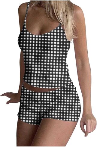 Women Plaid Printed Pajama Sets Spaghetti Strap Camisole Crop Top and Shorts 2 Piece Summer Casual Y2k Sleepwears in Kuwait