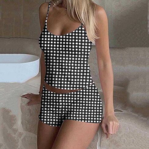 Women Plaid Printed Pajama Sets Spaghetti Strap Camisole Crop Top and Shorts 2 Piece Summer Casual Y2k Sleepwears in Kuwait