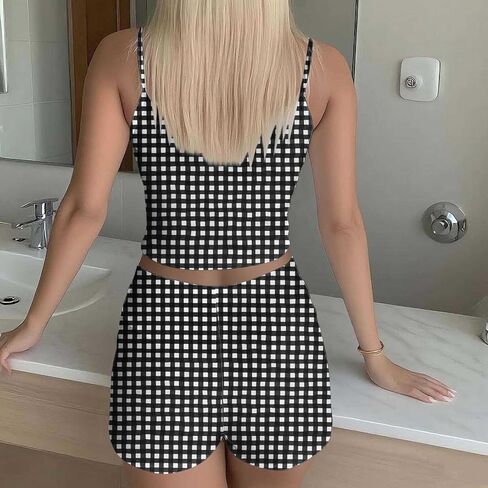 Women Plaid Printed Pajama Sets Spaghetti Strap Camisole Crop Top and Shorts 2 Piece Summer Casual Y2k Sleepwears in Kuwait