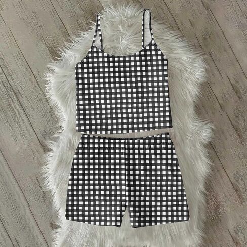 Women Plaid Printed Pajama Sets Spaghetti Strap Camisole Crop Top and Shorts 2 Piece Summer Casual Y2k Sleepwears in Kuwait
