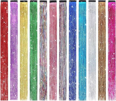 وصلات شعر من بي إتش إف بطول 48.26 سم ذات 12 لونًا لامعًا لوصلات الشعر بمشبك في مجموعة حلوى الشعر باللون الذهبي اللامع - إكسسوارات الشعر المقاومة للحرارة للفتيات في أعياد الميلاد ورأس السنة in Kuwait