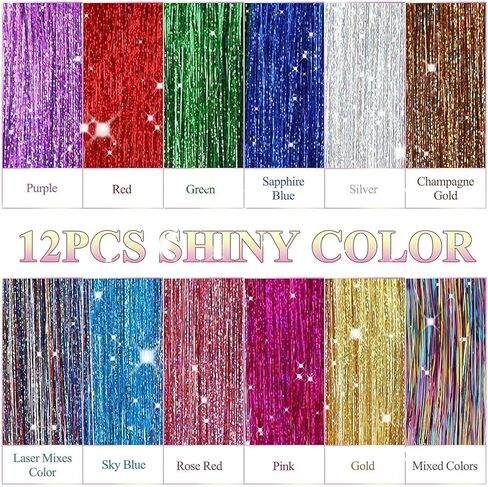 وصلات شعر من بي إتش إف بطول 48.26 سم ذات 12 لونًا لامعًا لوصلات الشعر بمشبك في مجموعة حلوى الشعر باللون الذهبي اللامع - إكسسوارات الشعر المقاومة للحرارة للفتيات في أعياد الميلاد ورأس السنة in Kuwait