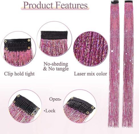 وصلات شعر من بي إتش إف بطول 48.26 سم ذات 12 لونًا لامعًا لوصلات الشعر بمشبك في مجموعة حلوى الشعر باللون الذهبي اللامع - إكسسوارات الشعر المقاومة للحرارة للفتيات في أعياد الميلاد ورأس السنة in Kuwait