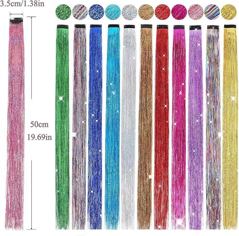 وصلات شعر من بي إتش إف بطول 48.26 سم ذات 12 لونًا لامعًا لوصلات الشعر بمشبك في مجموعة حلوى الشعر باللون الذهبي اللامع - إكسسوارات الشعر المقاومة للحرارة للفتيات في أعياد الميلاد ورأس السنة in Kuwait