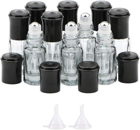 Dark black Octagonal Glass Roller Bottles 10Pcs 3ml Travel Cosmetic Perfume Sample Containers Mini Essential Oil Massage Roll-on Bottle Vials with Steel Ball, Opener and Funnel in Saudi Arabia