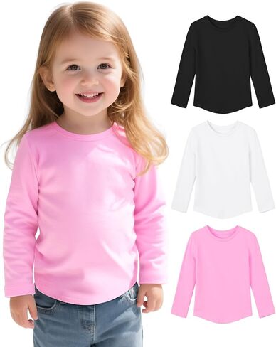Witwot 3 Pack Toddler Girls Long Sleeve Dertts Soft Cotton Tees Baby Girl Crewneck Tops Basic Tops for 18M-5T in Saudi Arabia