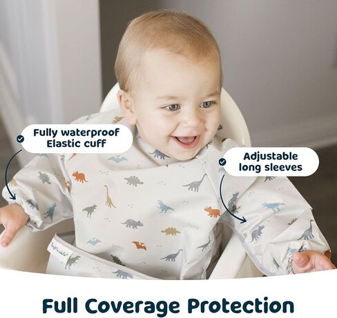 Tiny Twinkle Mess Proof Baby Bib ، Bib Smock Baby Bib للأكل ، مريلة طويلة الأكمام قابلة للغسل ، فطام LED LED ، المريلة الصغيرة ، مستلزمات BLW (ديناصور ، 6-24 شهرًا) in Kuwait