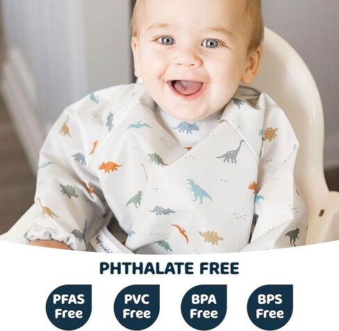 Tiny Twinkle Mess Proof Baby Bib ، Bib Smock Baby Bib للأكل ، مريلة طويلة الأكمام قابلة للغسل ، فطام LED LED ، المريلة الصغيرة ، مستلزمات BLW (ديناصور ، 6-24 شهرًا) in Kuwait