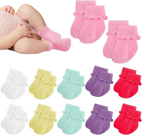 Toulite 12 Pairs Baby Ruffle Ankle Socksturn Cuff Cotton Girls and Boys Non-slip Warm Socks in Saudi Arabia